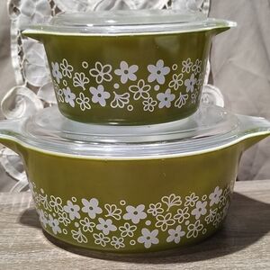 Pyrex Olive Green Floral Covered Casserole Dish Set
